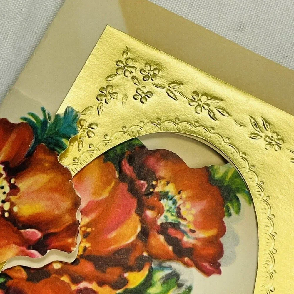 Vintage UNUSED Belated Birthday Poppy Die-Cut Embossed Artistic Greeting Card